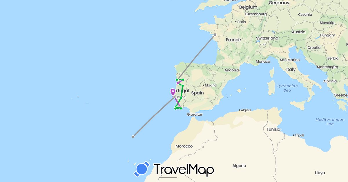 TravelMap itinerary: driving, bus, plane, train in France, Portugal (Europe)